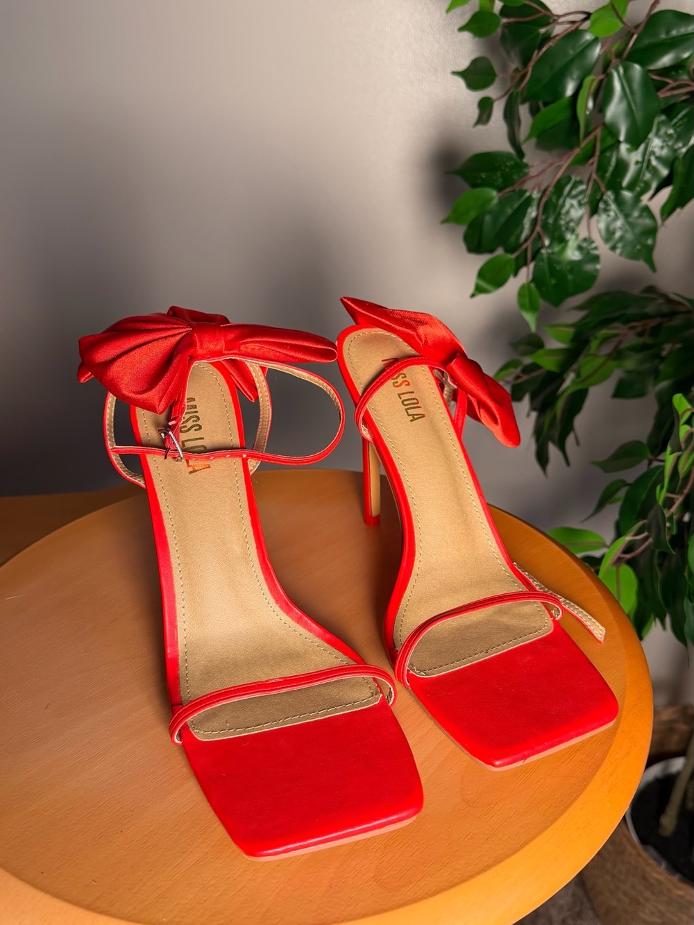 Miss Lola Red Satin Bow Ankle-Strap Stiletto Heels